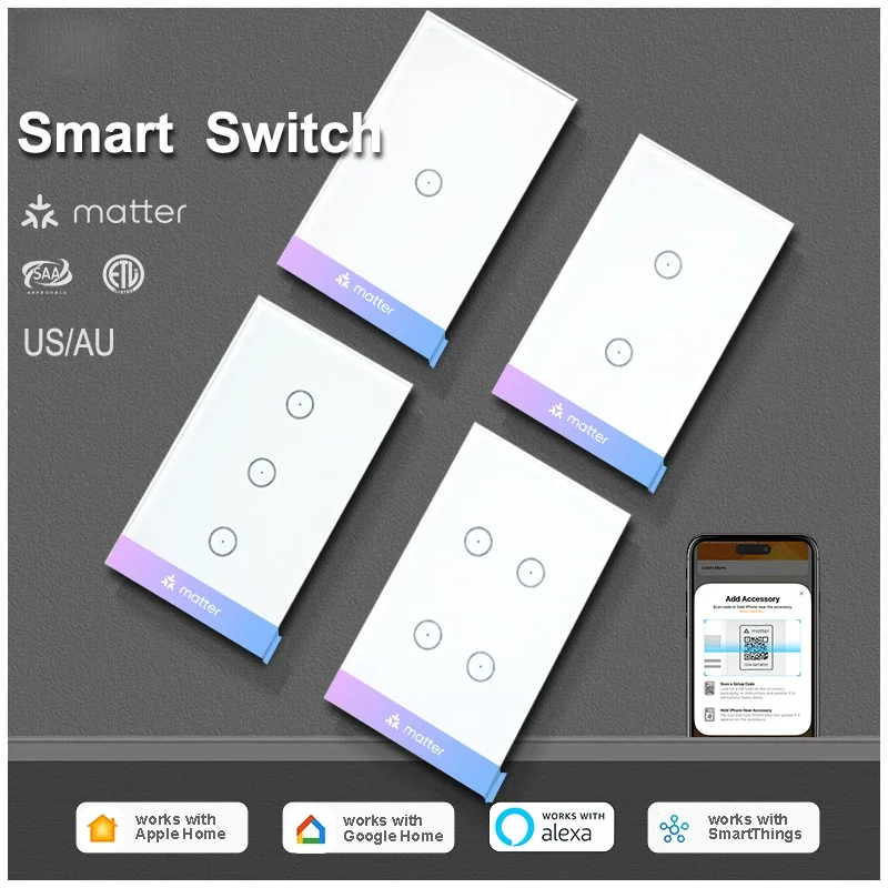 

Matter Intelligent Touch Switch 118 Type Voice Control App Remote Control Switch Tempered Glass Touch Panel Night Indicator Lamp