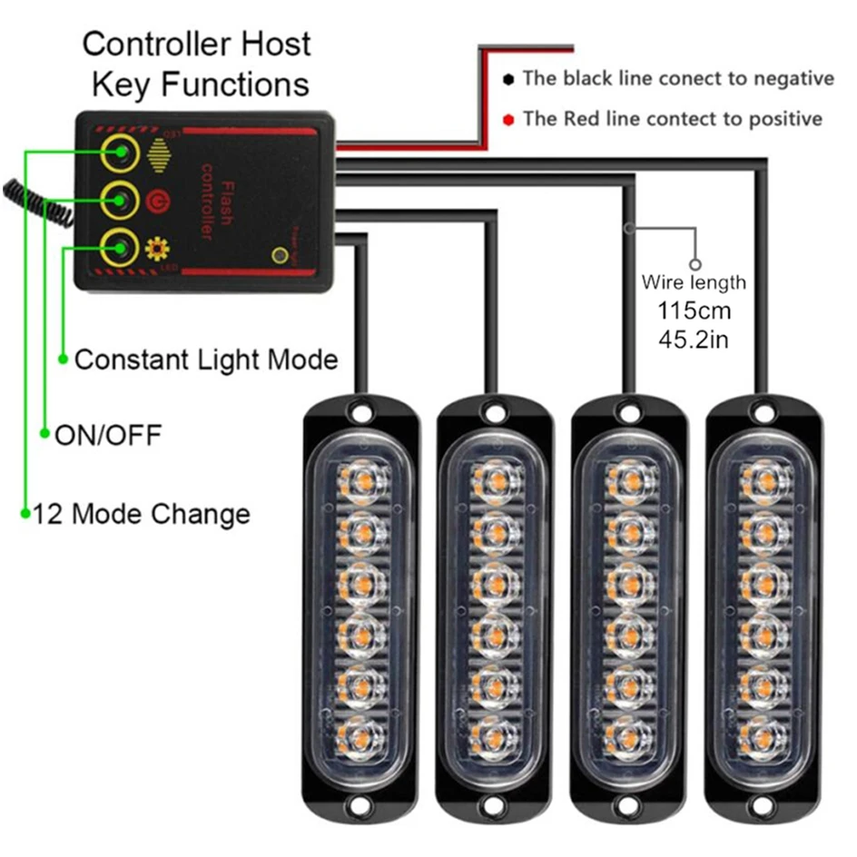 Car Front Grille Lighting 12V 24V Police LED Emergency Strobe Warning Lights Fireman Flash Beacon Yellow White Signal Lamp