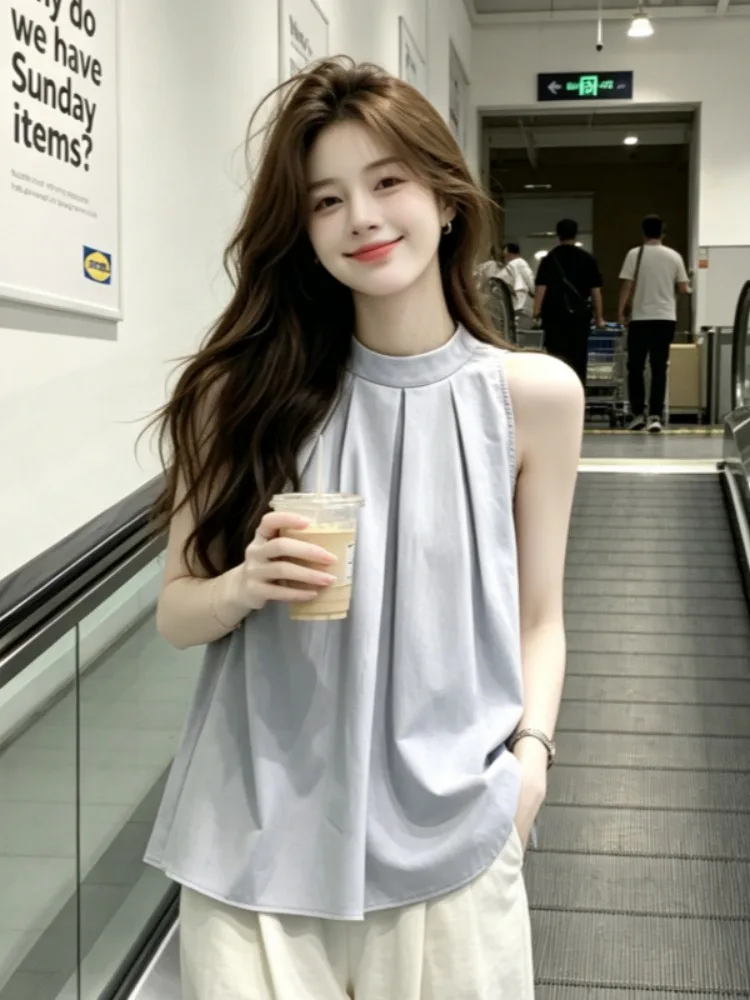 Blue Sleeveless Shoulder Bared Vest Women's Summer Fashion Youthful Outerwear round Neck Doll Shirt Top Short Length Other Ma...