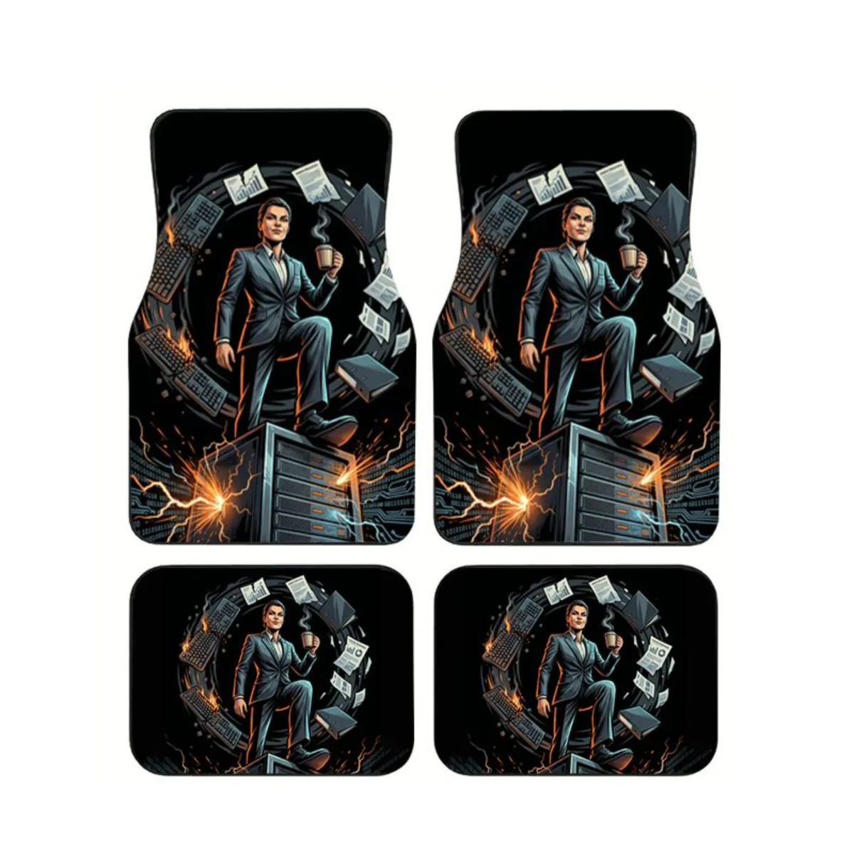 

Cool Business Man With Coffee Lightning Circuit Car Floor Mats 4Pcs Universal Non-slip Auto Foot Mats Interior Accessories