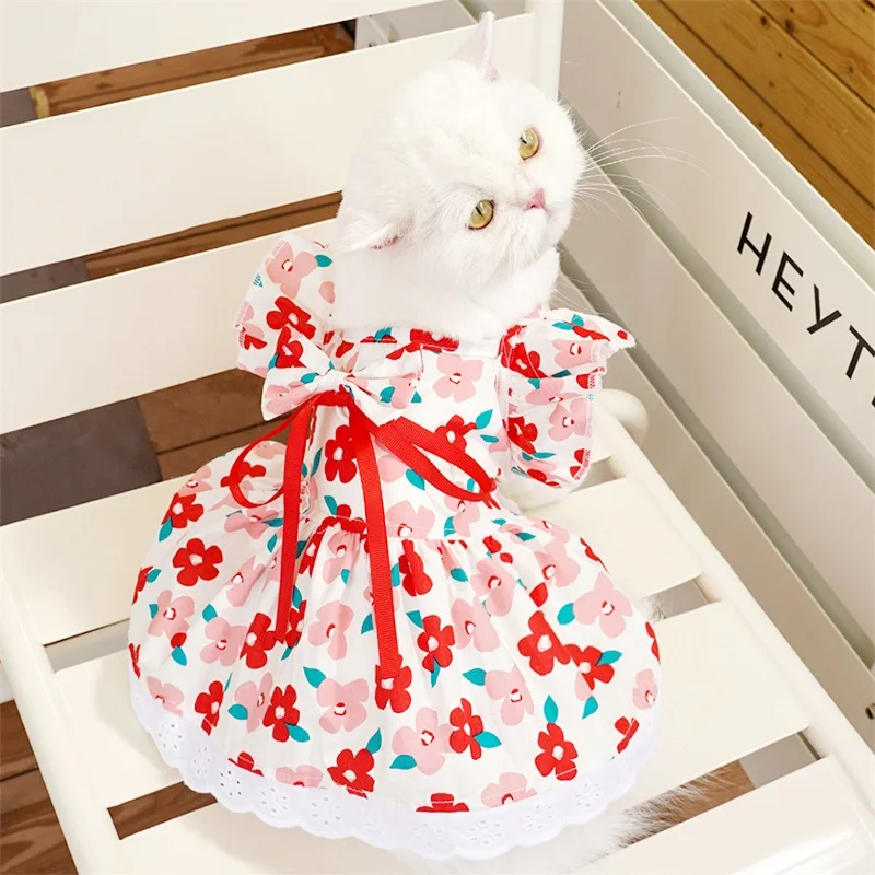 Fashion Print Pet Dog Dress Cute Soft Dog Clothes Summer Puppy Princess Skirt Pet Cat Flying Sleeve Dress Chihuahua Dog Clothes