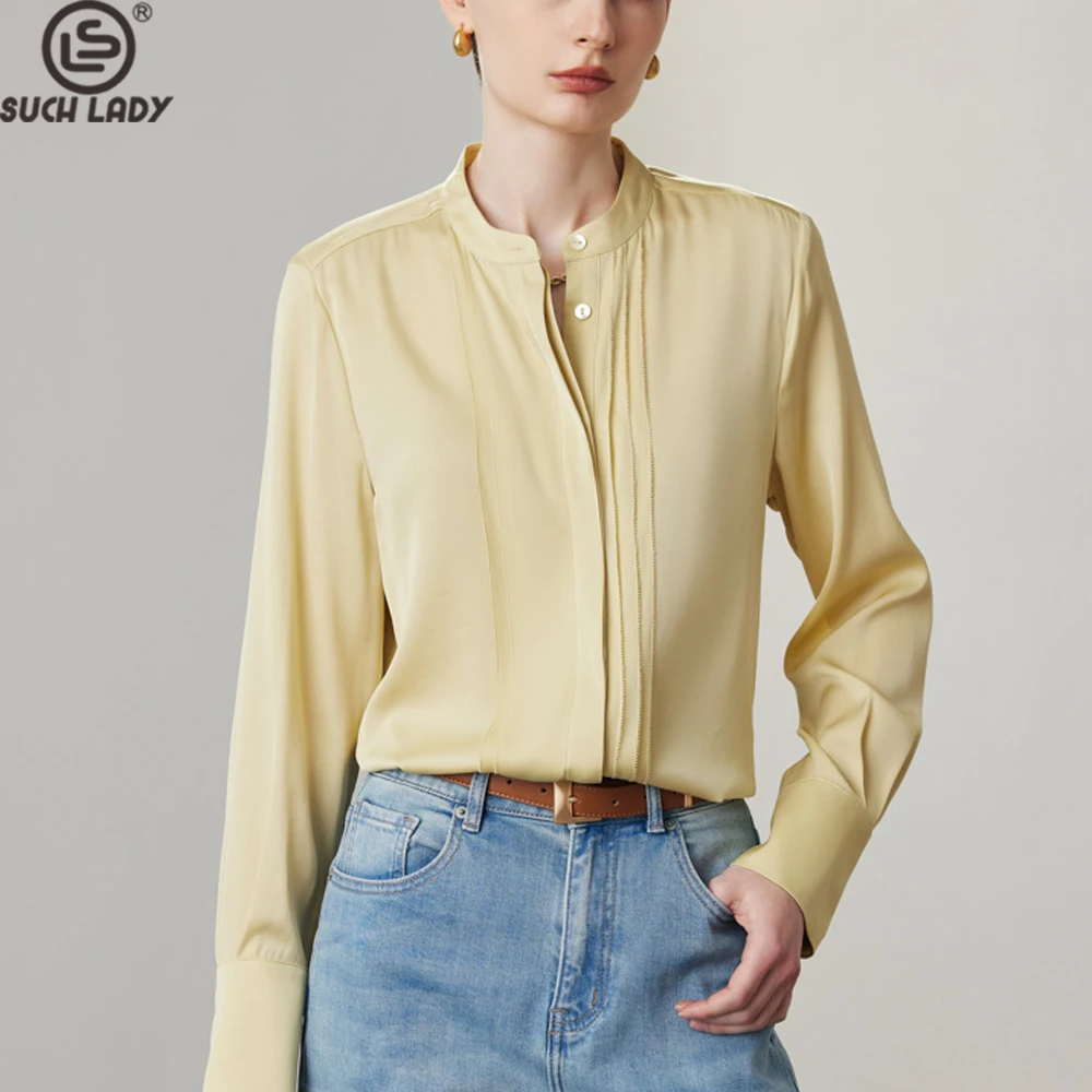 

90% Silk 10% Spandex Women's Shirt O Neck Long Sleeves Pleated Elegant Fashion Blouse Tops