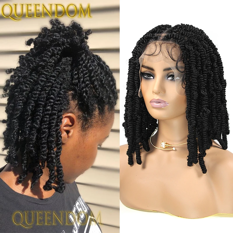 Queendom Synthetic 12'' Short Bob Braids Wig Spring Afro Twist Braid Dreadlock Spiral Curls Wig Knotless Crochet Box Braided Wig