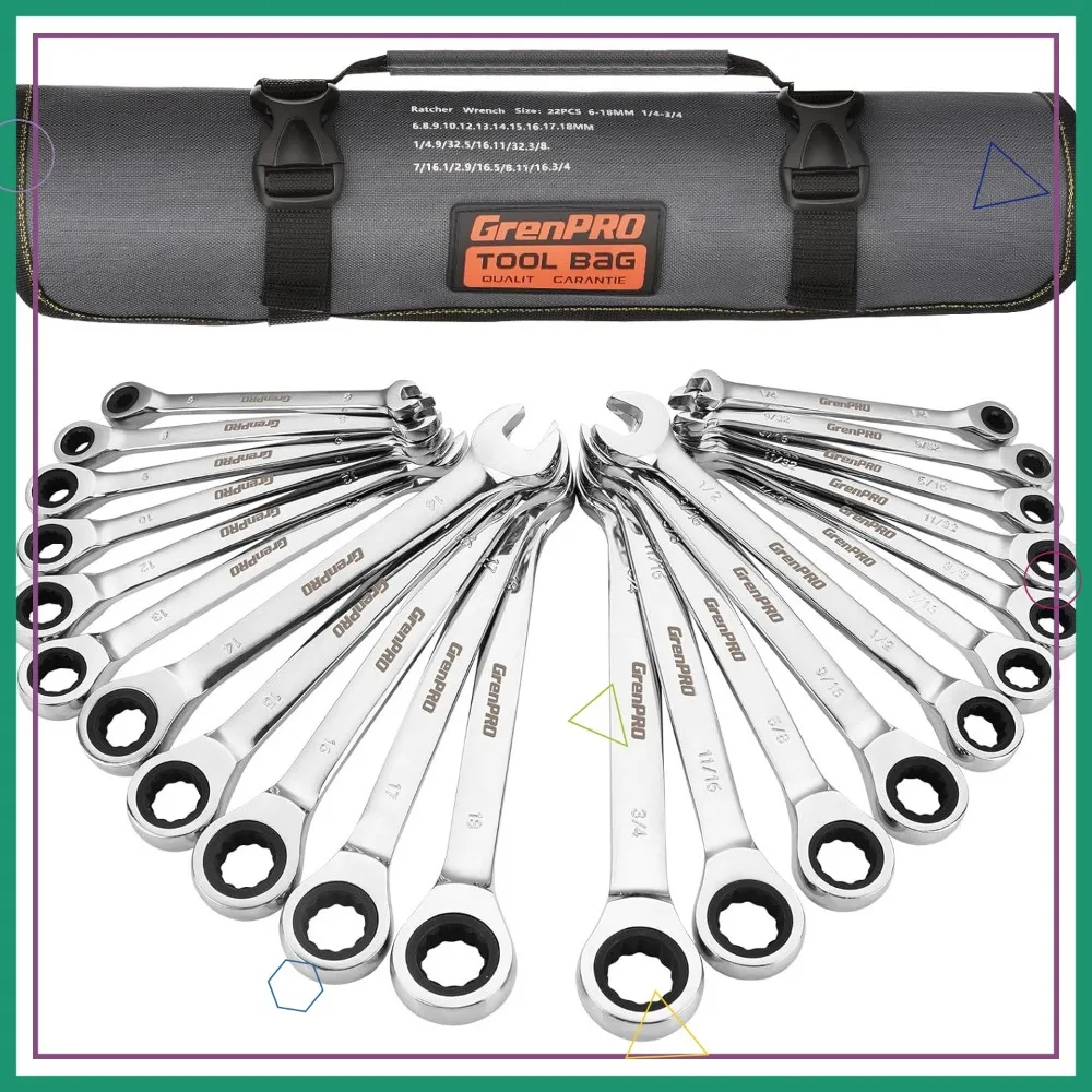 

Набор ключей с храповым механизмом из 22 предметов, SAE и метрические размеры от 1/4 до 3/4 дюйма, 6–18 мм, длинный открытый конец, сумка-органайзер