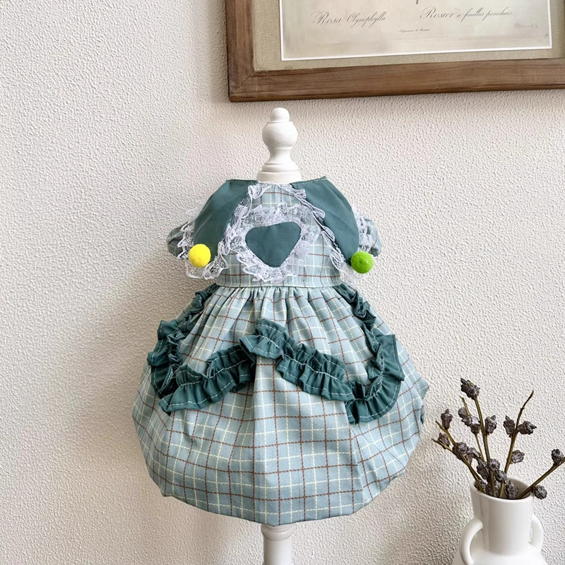 

Lolita Dog Dresses Checkered Lace Love Puppy Cats Skirts Bichon Teddy Pomeranian Dog Princess Dress Pet Clothes Handmade Customi