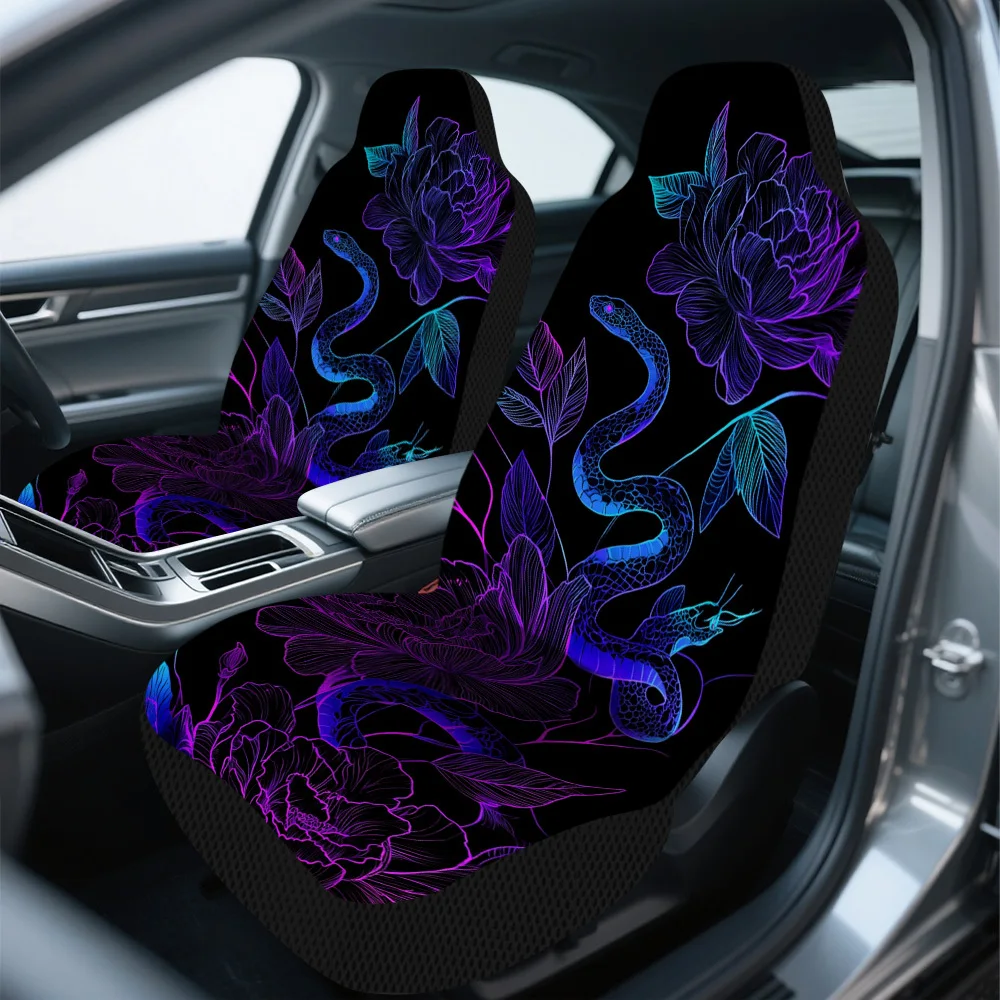 2pcs Snake And Flowers Design Front Seat Covers | Polyester Fiber, Universal Fit, Machine Washable, Ideal For Long Road Trips