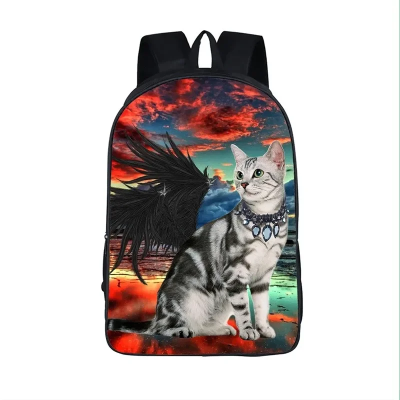 Kawaii gato preto branco anjo asa impressão mochila crianças sacos de escola adolescente mochilas de armazenamento meninas meninos sacos de viagem ao ar livre