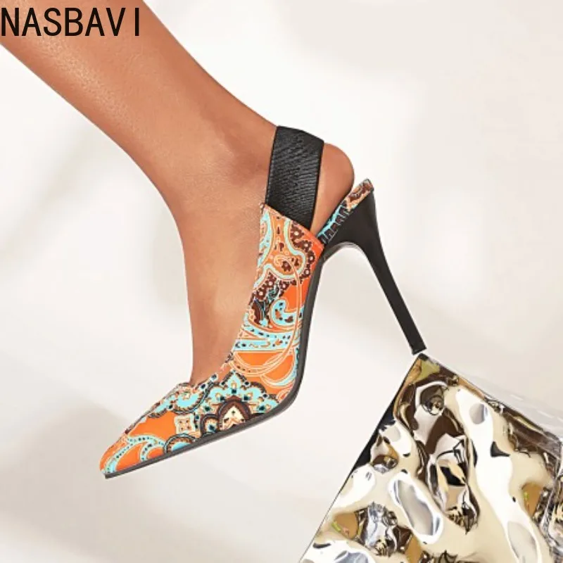 

NASBAVI Women Pumps Pointed Toe High Heels Retro Floral Print Elastic Band Stiletto Spring Summer PU Fashion Shoes Zapatos Mujer