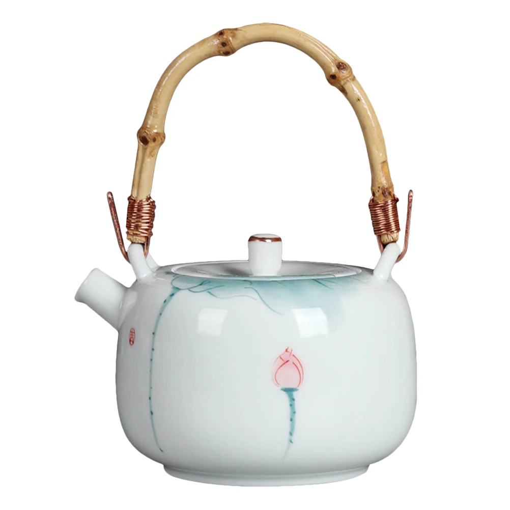 

Ceramic Teapot Bamboo Handle Hand-Painted Vintage Porcelain Under Color Smooth Surface Easy Cleaning Insulated