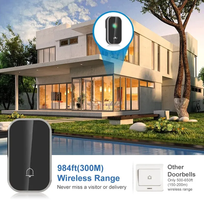 Wireless Doorbell Smart Home Welcome Door Bell 36 Ringtones 300M Long Distance Outdoor House Door Chime Kit Battery Free