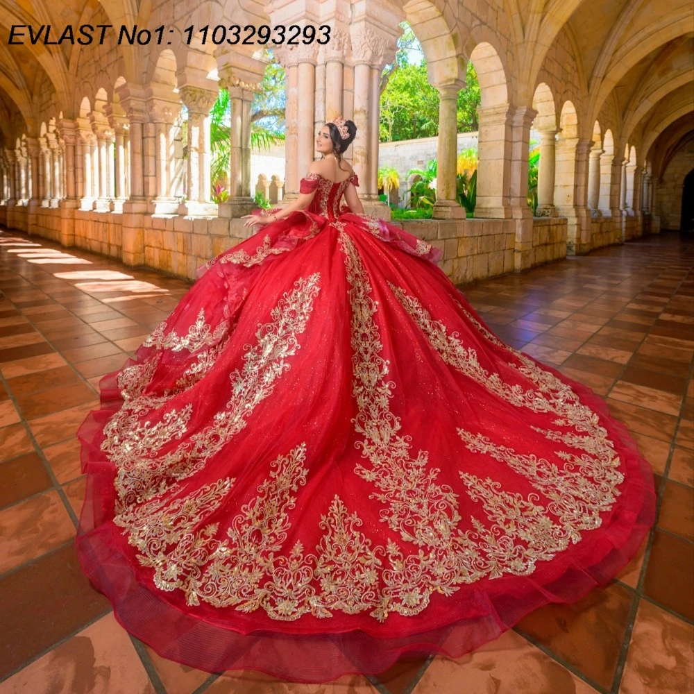 

EVLAST Customized Shiny Red Quinceanera Dress Ball Gown Gold Lace Applique Beading Bow Sweet 16 Vestidos De 15 Anos E1QN775