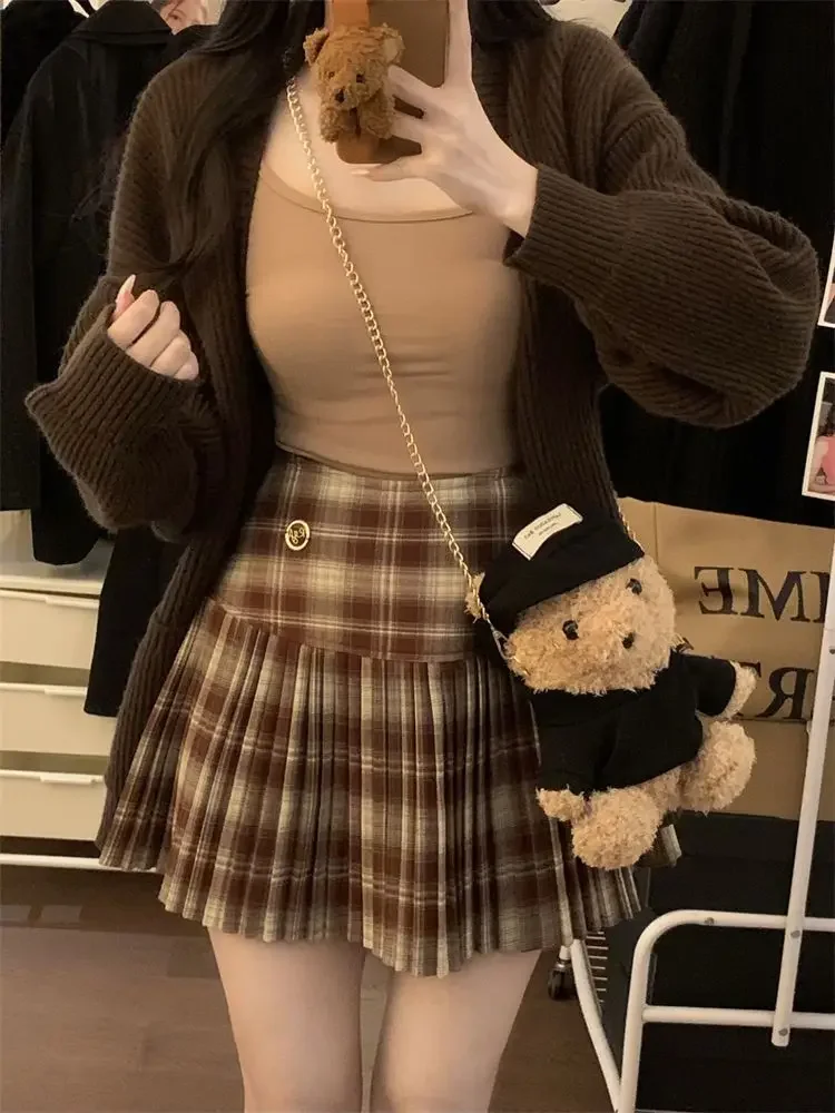 A-line Vintage Brown Short Plaid Preppy Style Spring Summer Women Pleated Skirt Y2k Red Patchwork High Waist Mini Skirt Harajuku