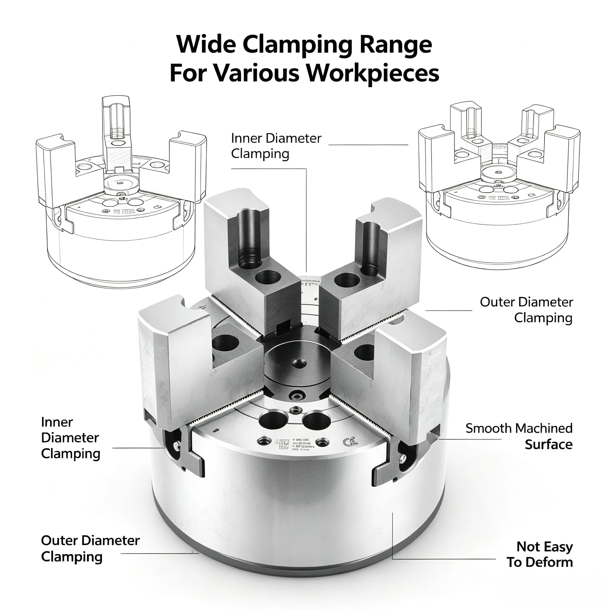 Pince hydraulique à 3 mâchoires avec mâchoires allongées en forme de L, 5-10 pouces, double usage (support interne et serrage externe) pour tour CNC