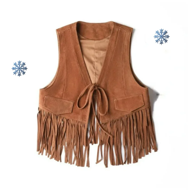 سترات نسائية من الجلد الطبيعي سترة معطف عتيق لربيع وخريف رعاة البقر الغربية من جلد الغنم المدبوغ شرابة ملابس بني داكن برباط علوي