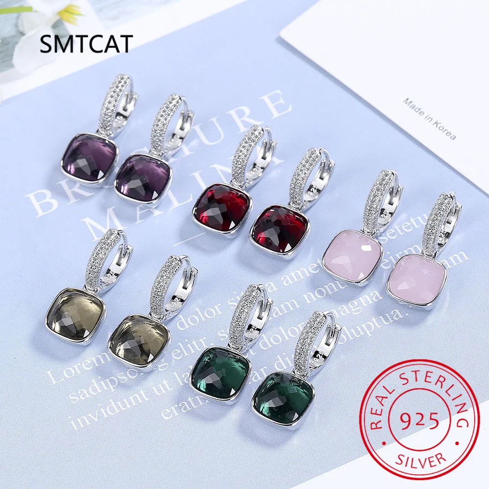925 Sterling Silver Multicolor Square Earrings AAAAA Zircon Circle Earrings Cute Girls Fashion Exquisite Jewelry Wholesale