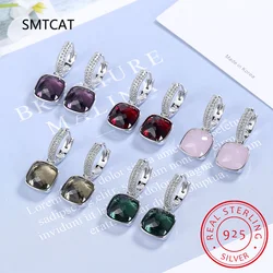 925 Sterling Silver Multicolor Square Earrings AAAAA Zircon Circle Earrings Cute Girls Fashion Exquisite Jewelry Wholesale