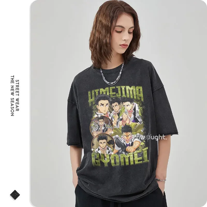 Hashira Gyomei T Shirt Anime Oversized Vintage Washed T-shirts Streetwear Retro Manga DTG Printing Tops Tees Men 100% Cotton