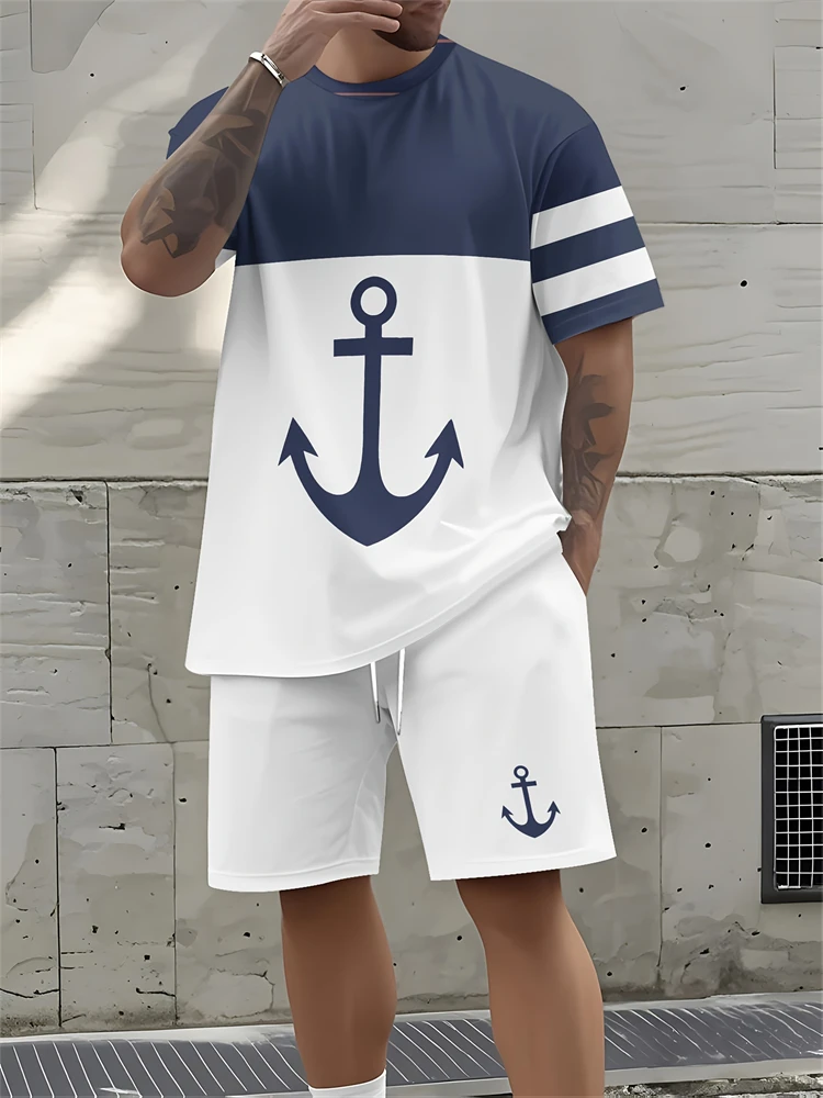 

2025 Summer New Men's Casual T Shirt Shorts Set Sportswear Two Piece 3D Anchor Print Fashion Hawaiian Style Street Single