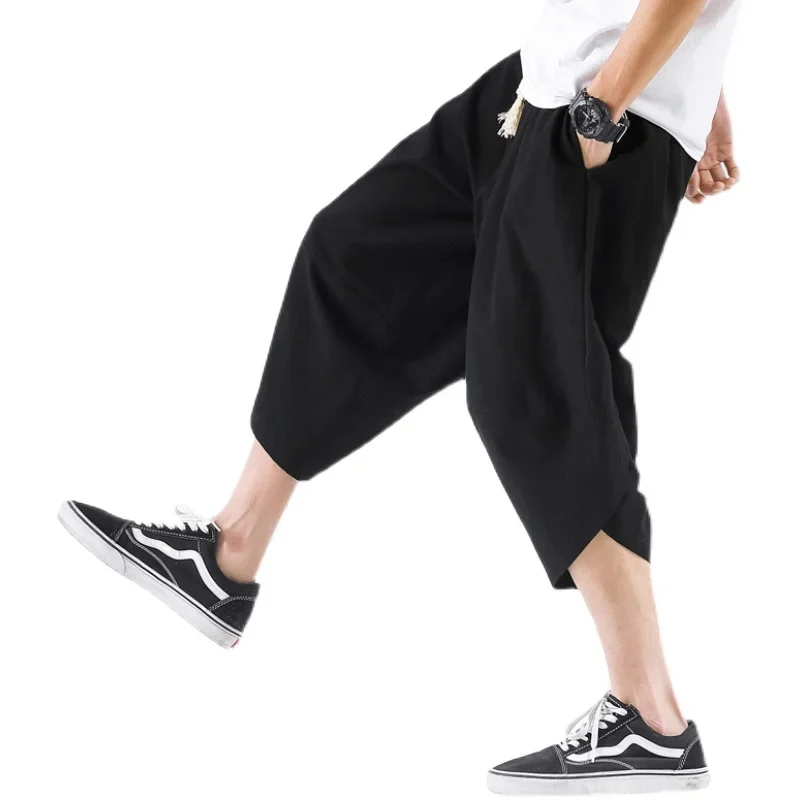 

2024 new Chinese style linen seven points men's shorts loose large size Japanese men's shorts basketball shorts