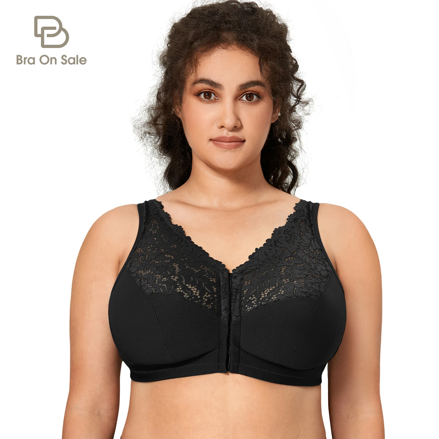 Women's Plus Size  Front Closure Bra Floral Lace Unlined Full Coverage Underwear Wire Free Underwear Black Beige Pink