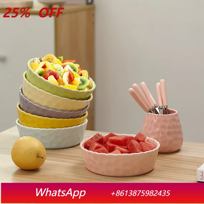 

LMM Cream Wind Solid Color Ceramic Bowl Hammer Glaze Color Fruit Bowl Household