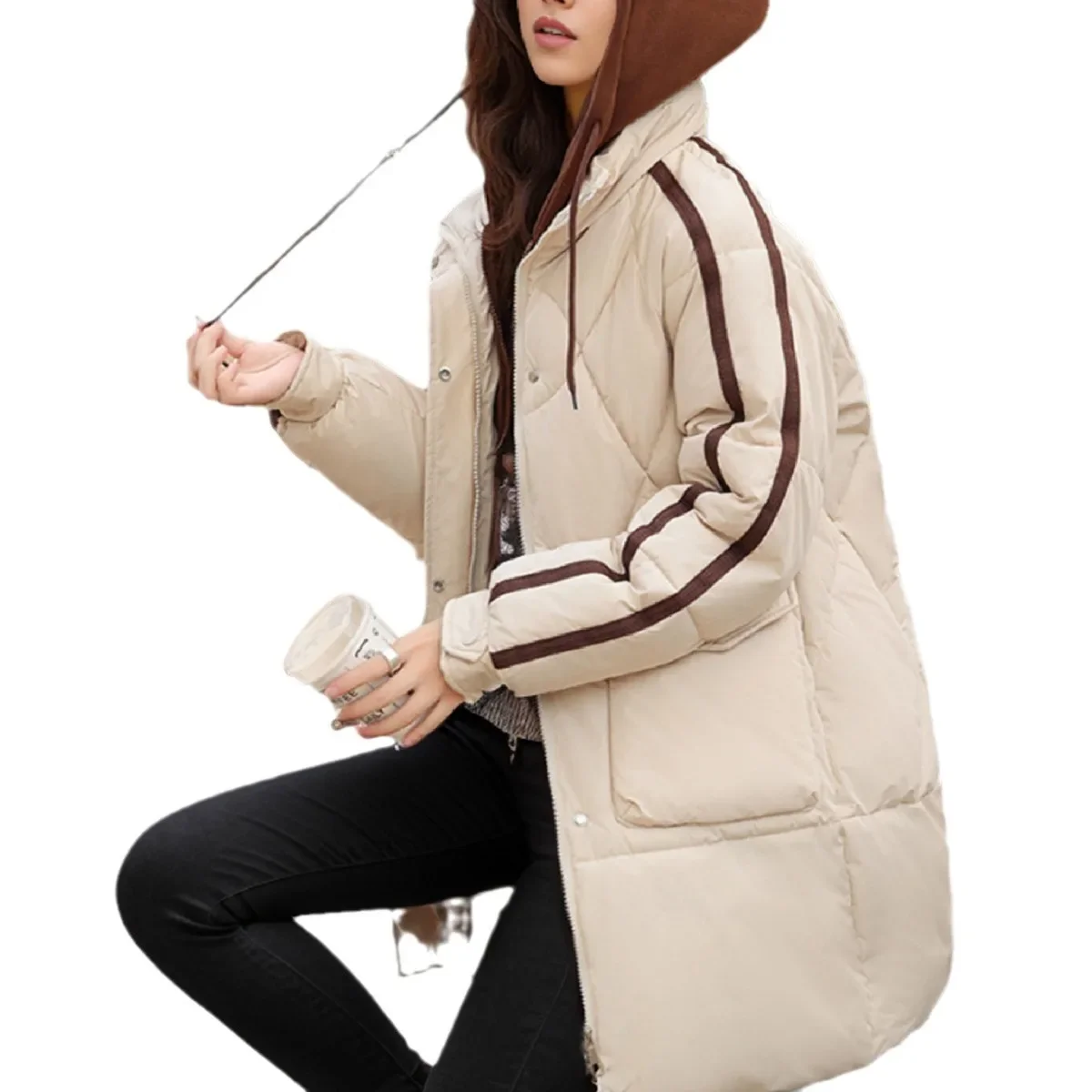2025 Women's Winter Coats Woman Cotton Jacket Hooded Contrast Thicken Warm Parkas Coats Female 2 Pocket  Casual Padded Jacket