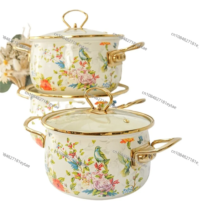 

Эмалированная кастрюля для супа в ретро-стиле с рисунком цветов и птиц, с двумя ручками, большая емкость, с крышкой, для домашнего использования, эмалированная посуда для кухни, изысканная кухонная утварь