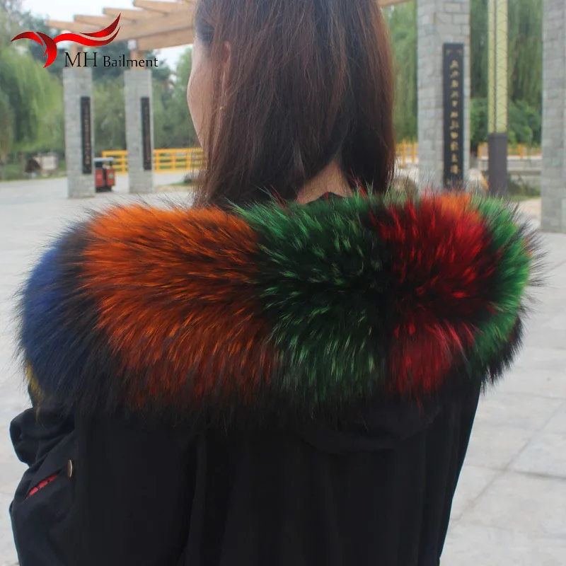 100% Real Raccoon Fur Collar Winter Luxury Warm Natural Fox Fur Scarf Large Size Men Jacket Coat Collar Neck Warm Shawl Women