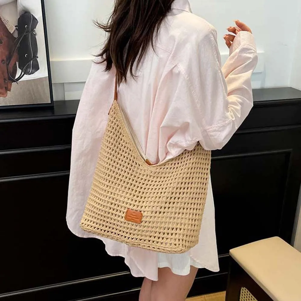 

Trendy Casual Crochet Tote Bag Large Capacity Korean Style Hollow Woven Bag PU Strap Magnetic Button Knitting Handbag Spring