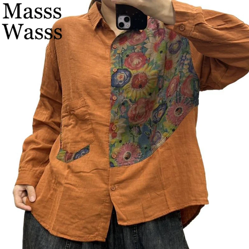 

Masss Wasss 2025 Autumn British Blouses Women Printed Classic Vintage Patchwork Shirts Ladies Fashion Loose Cotton Elegant Tops