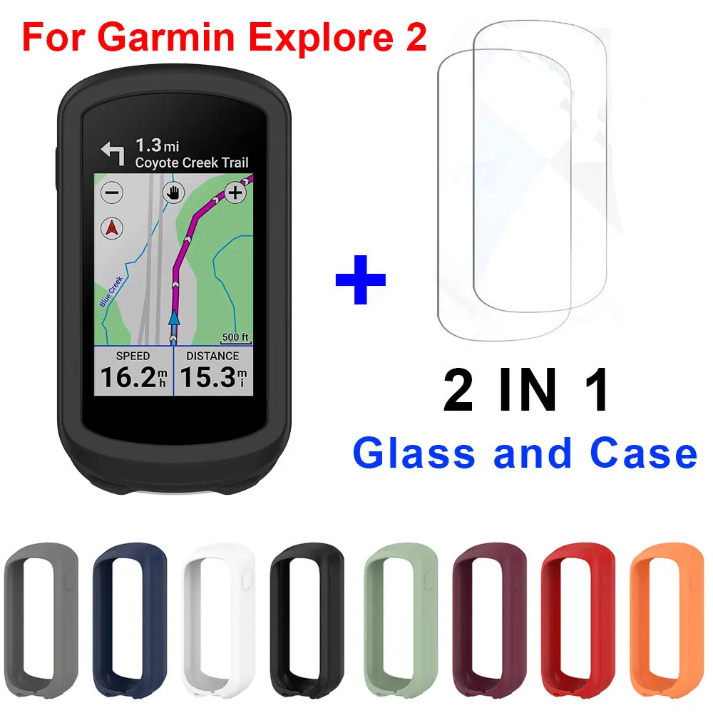 2 in 1 For Garmin Edge Explore 2 Protector Case + Glass Film Protective Cover Bike Bicycle Silicone Case For Garmin Explore2