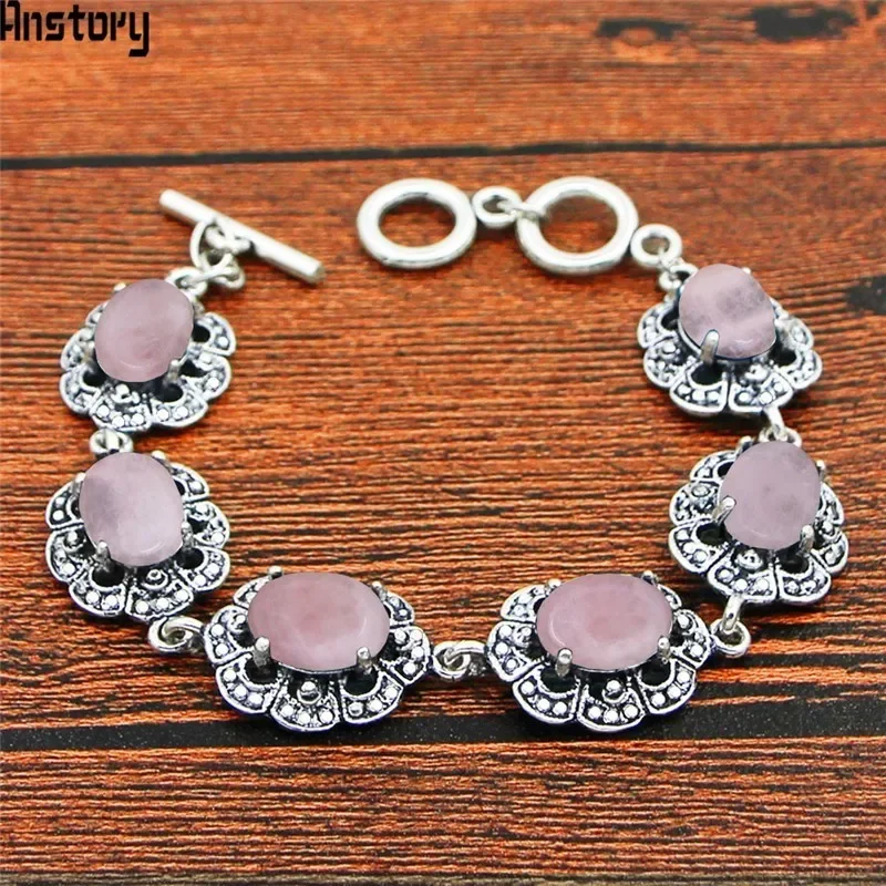 Oval Pink Quartz Bracelet Vintage Look Natual Stone Antique Silver Plated  Plum Flower Fashion Jewelry For Woman TB348