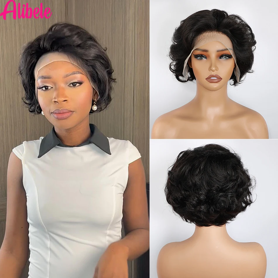 Alibele-Perruque Full Lace Front Wig Remy Naturelle, Cheveux Courts, 13 Tages, 6 Pouces, Balayage P4/27, Densité 180%