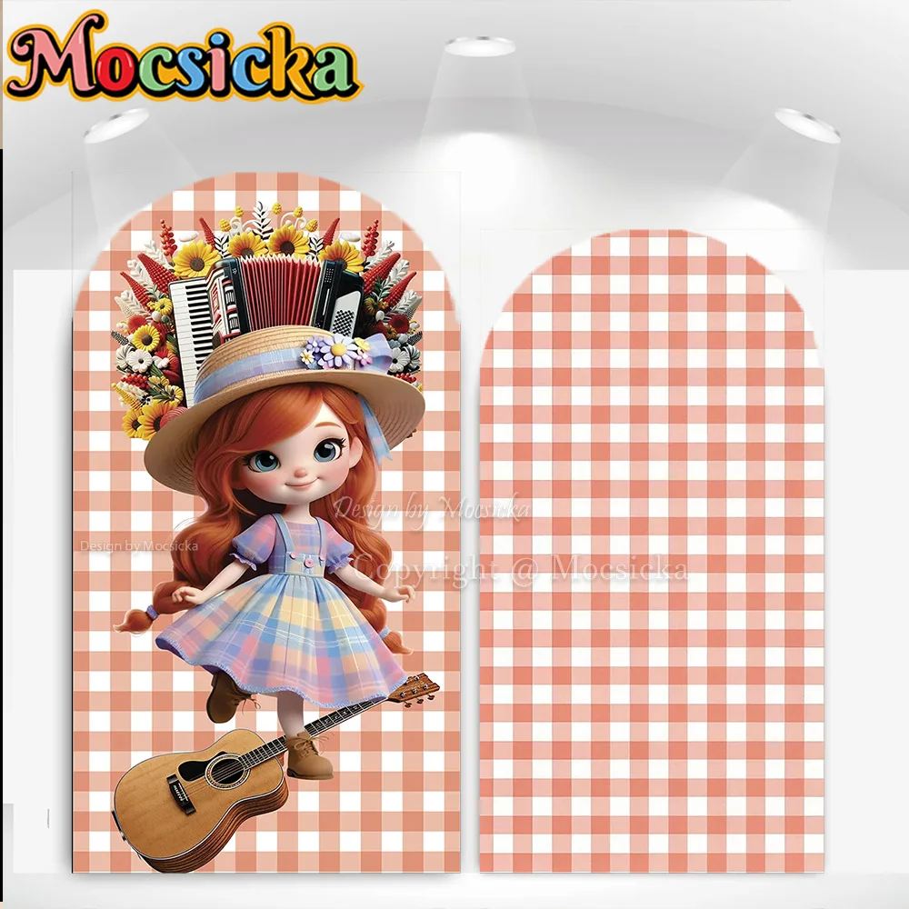 Mocsicka Music Girl Birthday Party Arch Chiara Wall Backdrop Plaid Guitar Summer Farm Festival Background Kids Baby Show Photo