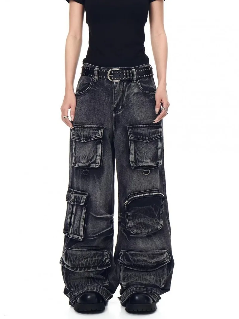 

Streetwear Muti Pockets Jeans Women Hip Pop Y2k Cargo Pants Women Unisex Vintage Denim Jeans Women Y2k Clothes Baggy Pants