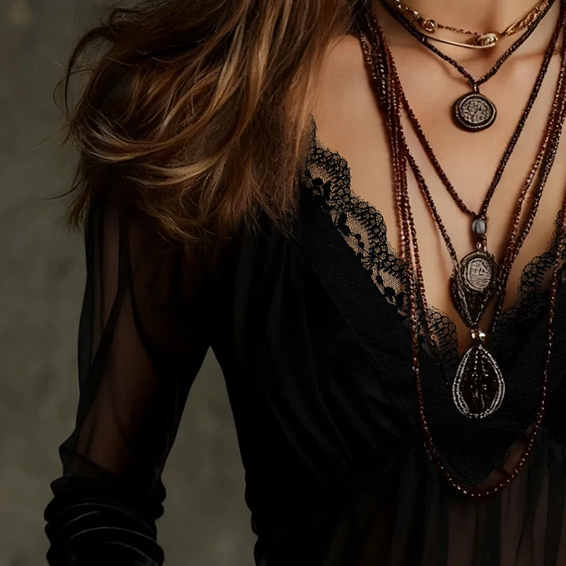 レディース ブラック メッシュ ブラウス エレガント セクシー Vネック レース トリム シアー フレア 長袖 スリム トップス ファッション ヴィンテージ シャツ ブラウス 2026