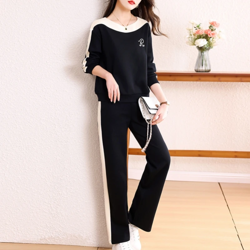 2-Piece Embroidery Sweatsuit for Women Loose Casual Set Sporty Outfits Wide-leg Pants Tracksuit Autumn and Winter 2023