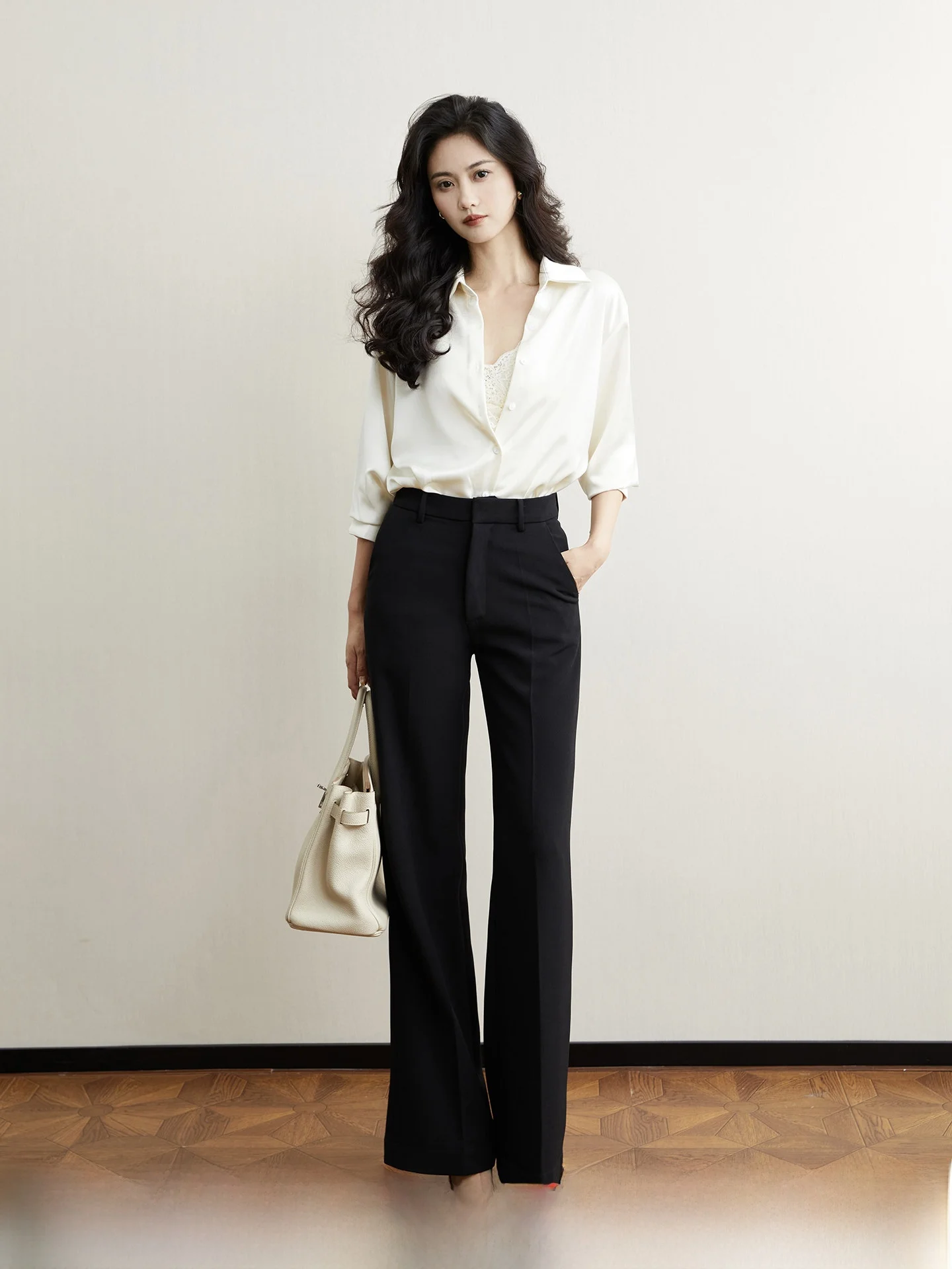

Black Casual Flared Pants Women's High Waist Commute Office Style Spring Fashion Ladies' Casual Trousers Polyester Material