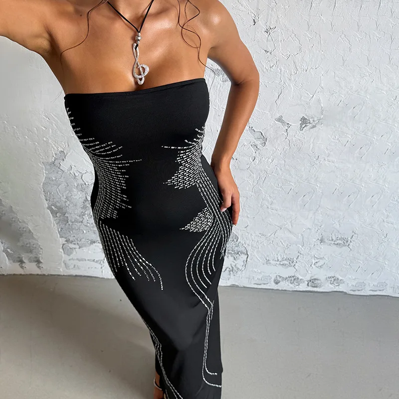 

Fashion Hot Diamonds Slim Tube Top Dresses Women Temperament Sexy Package Hip Bodycon Slit Dress Streetwear Party Club Vestidos