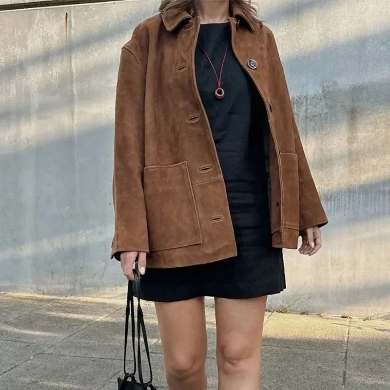

Brown Vintage Jacket Women's Chic Lapel Long Sleeve Pockets Single Breasted Coat Loose Casual Fall Short Street Coat