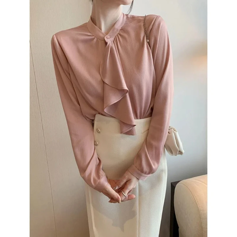 Elegant All-match Ruffles Shirt Tops Spring Autumn New Long Sleeve Loose Solid Office Blouse Temperament Fashion Women Clothing