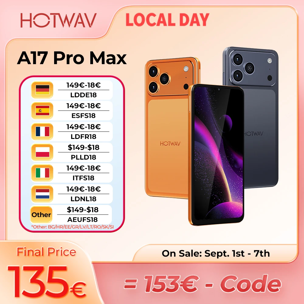 HOTWAV A17 Pro Max 6.75'' 120Hz Display Ultra-Thin Smartphone 4GB RAM 256GB ROM Android 15 Octa-core Mobile Phone 5160mAh 1080P Bluetooth 5.4 Cellphone with 3.5mm Headphone Jack