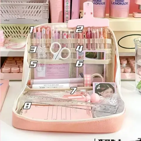 핑크 대용량 연필 가방 8 레이어 다기능 미적 연필 상자 Kawaii 편지지 지퍼 펜 파우치 학교 용품