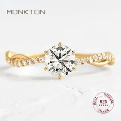 Monkton 14K Gold 925 Sterling Silver Wedding Rings for Women Classic Round Zircon Ring For Bridal Girls Party Propose Gifts