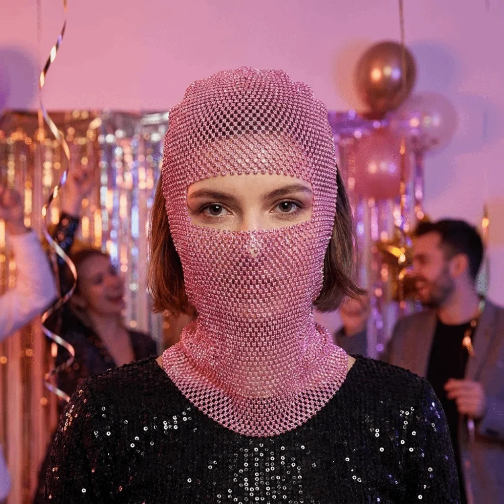 

Luxury Zircon Rhinestone Mesh Veil Elastic Mesh Fishnet Headhood Headscarf Headwrap Balaclava Hat Carnival