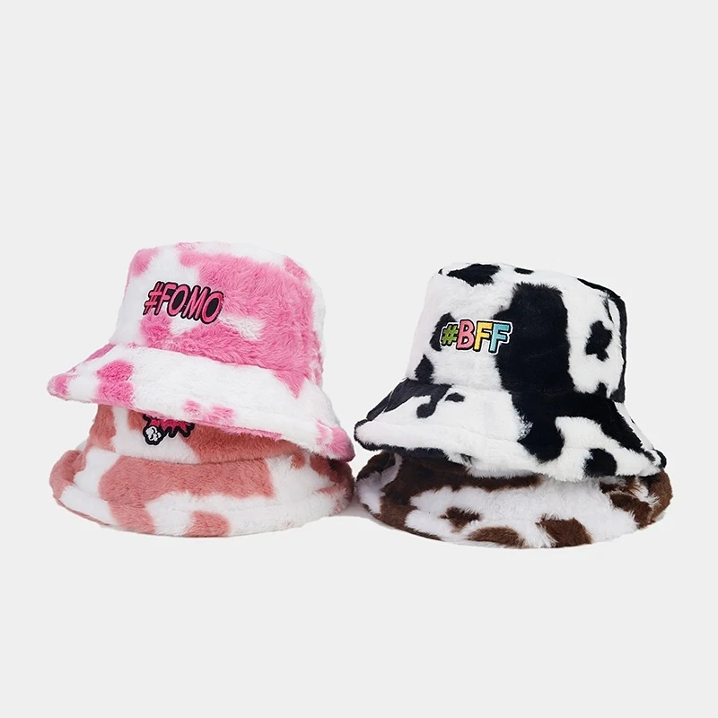 Winter Faux Fur Cow Print Bucket Hat with Comic POW/WOW Embroidery Warm Fisherman Cap for Women