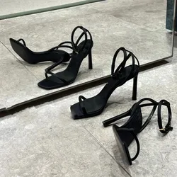 Fashionable one word strap slim heel sandals, women's head exposed toe buckle high heels, temperament sexy, back empty sandals