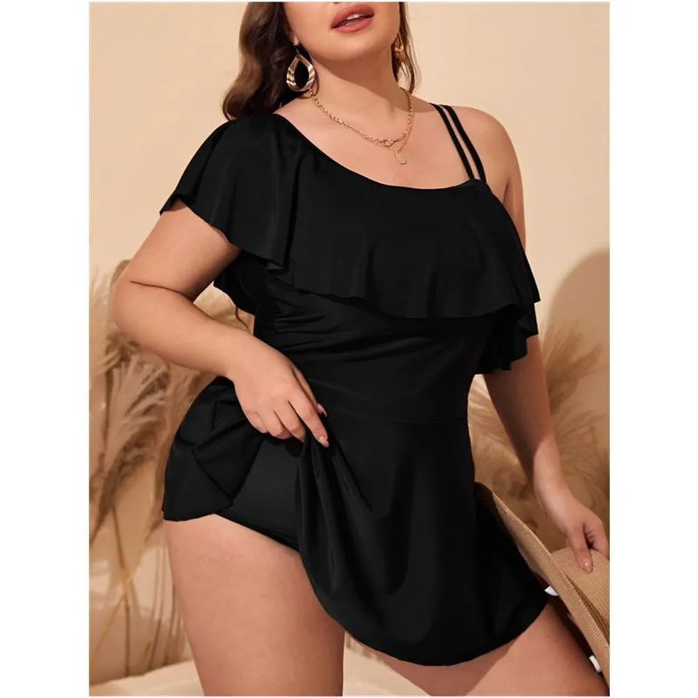 The new 2024 solid color large size hot spring swimsuit with ruffled edge split skirt style swimsuit, conservative flesh blockin