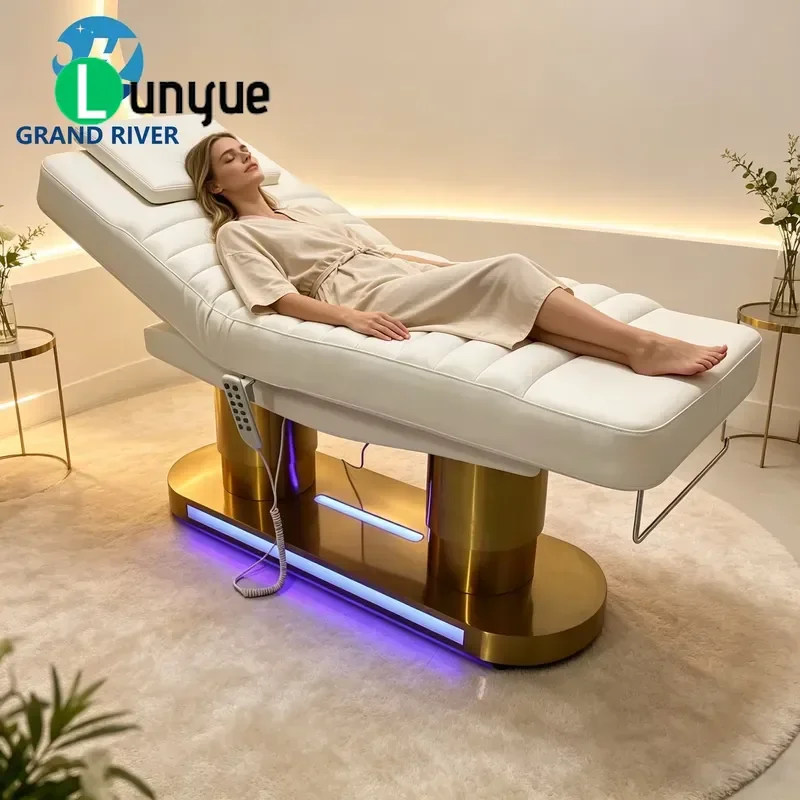 4 Motor Electric Massage Bed Heated Gold White Facial Spa Eyelash Beauty Treatment Table for Clinic Comfortable