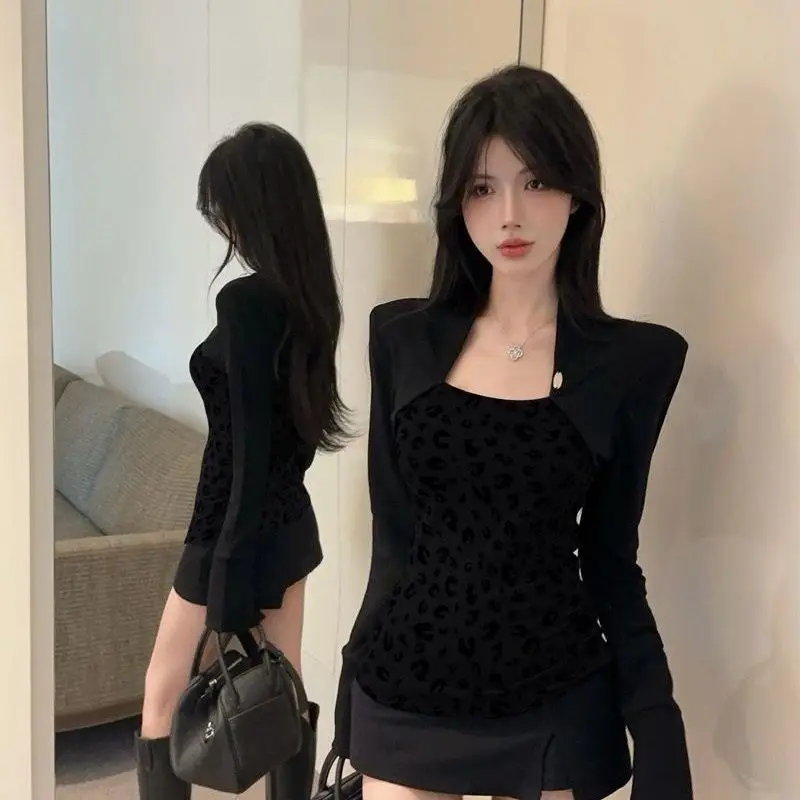 

Leopard Patchwork Fake Two-piece Slim Y2K Tops Spring New Long Sleeve Contrast Fashion T Shirts Korean Casual Women Clothing